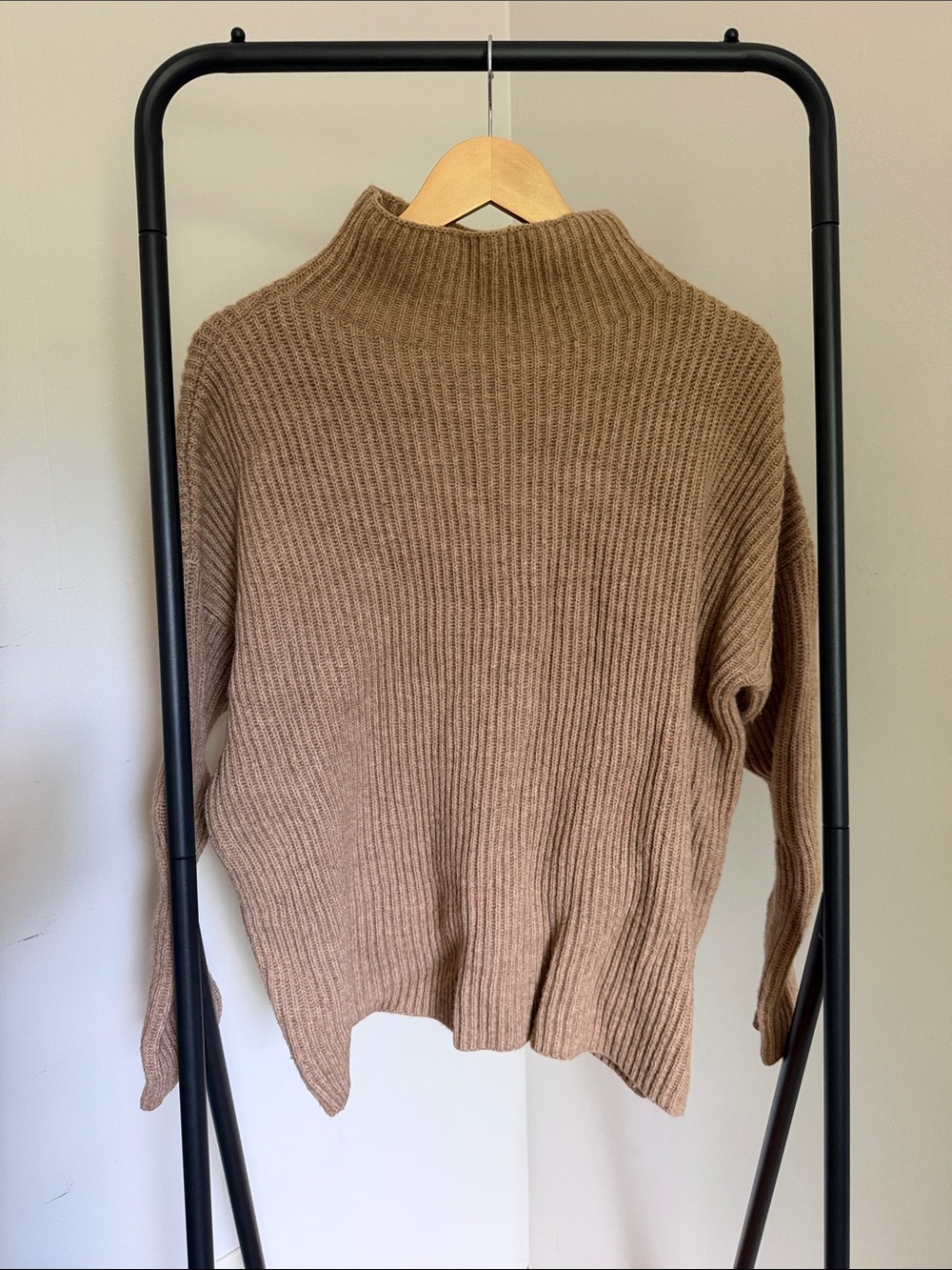 French Connection Ribbed Mock Neck Wool Sweater in Camel